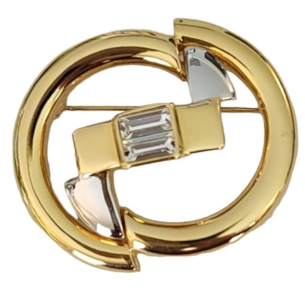 Courreges Gold Silver Tone Oval Baguette Rhinestone Open Brooch Signed, M875